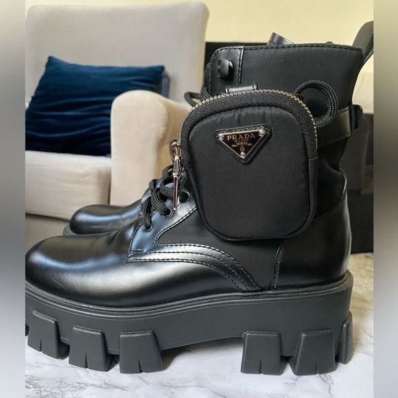 Prada Black Leather Combat Boots with Detachable Pouch - Picture 6 of 16